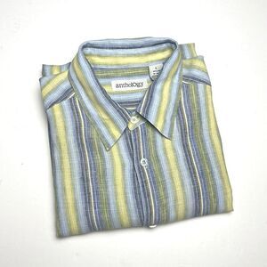 Anthology Linen Shirt Button Down Striped Yellow Gray Blue Long Sleeve L